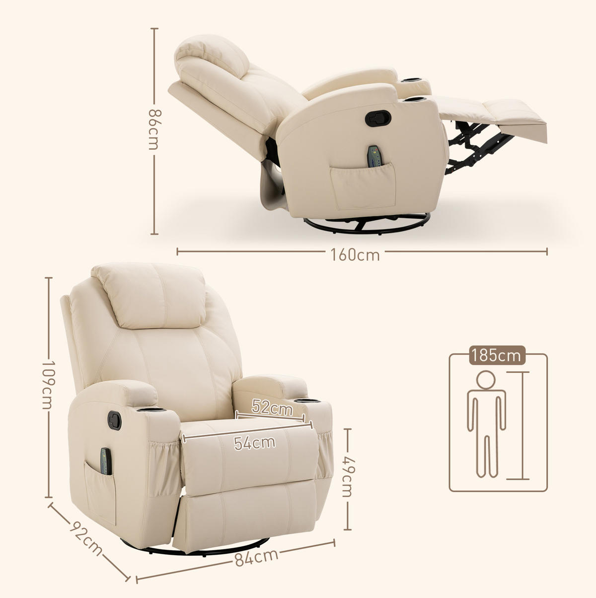RELAXSESSEL in Cremeweiß 92x84x109 cm mit Massagefunktion, Schaukelfunktion und Drehfunktion - Creme, Leder (84/109/92cm) - IVMEU