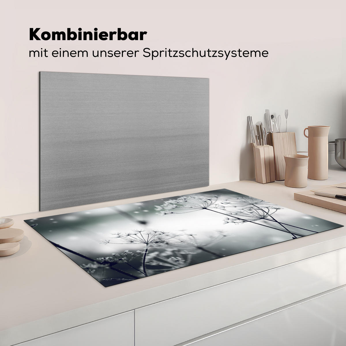 HERDABDECKPLATTE Blumen - Winter - Schnee - Natur Induktionsschutz 91.2x52 cm - Grau, Kunststoff (91.2/52/0.2cm) - MuchoWow