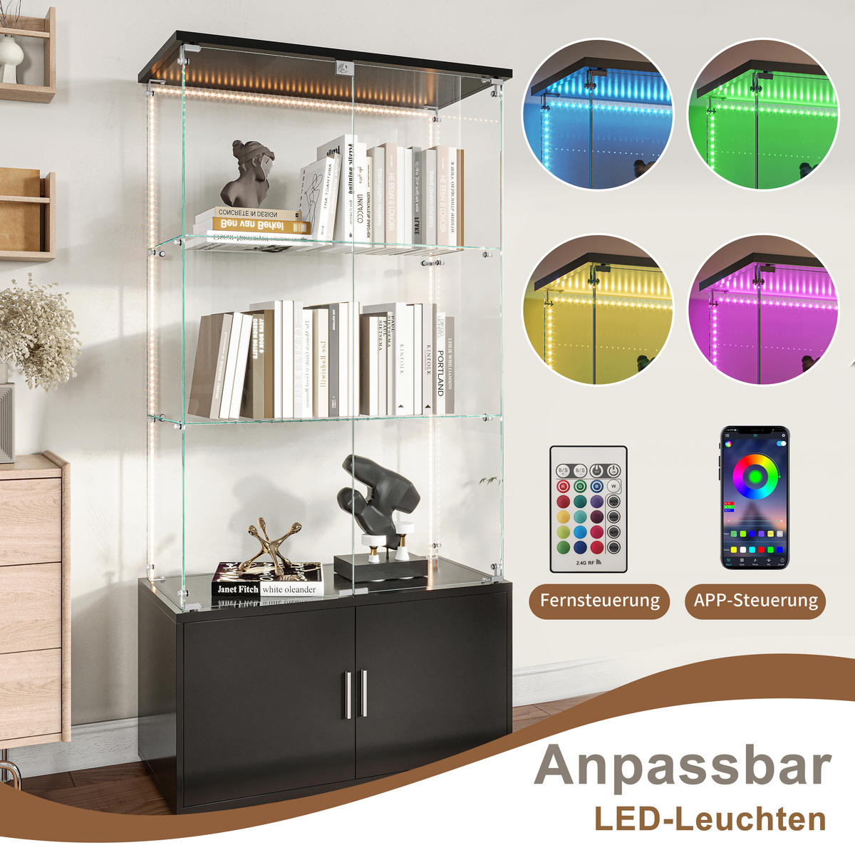VITRINE mit Doppelglasfront, 3 Glasablagen & zweitürigem Unterschrank, LED-Lichtleiste, Schwarz - Schwarz, Glas/Holz (78.51/164/35cm) - BRILVERDE