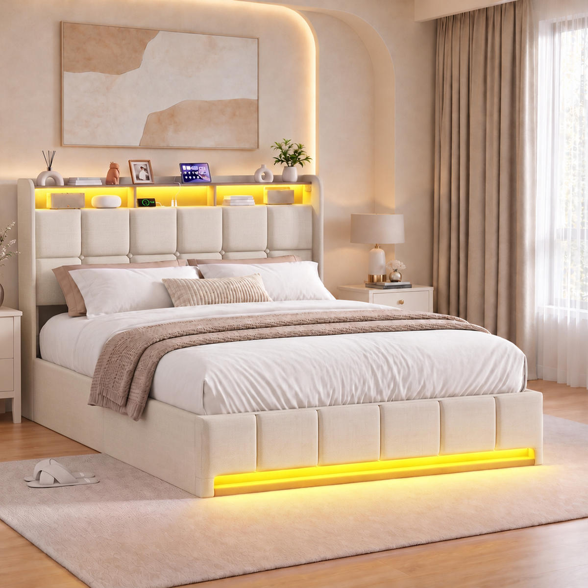 POLSTERBETT 160/200 cm,Doppelbett Beige mit Bettkasten, LED-Beleuchtung,Leinen - Beige/Naturfarben, Holz/Textil (160/200cm) - FURNISHINGS HOME