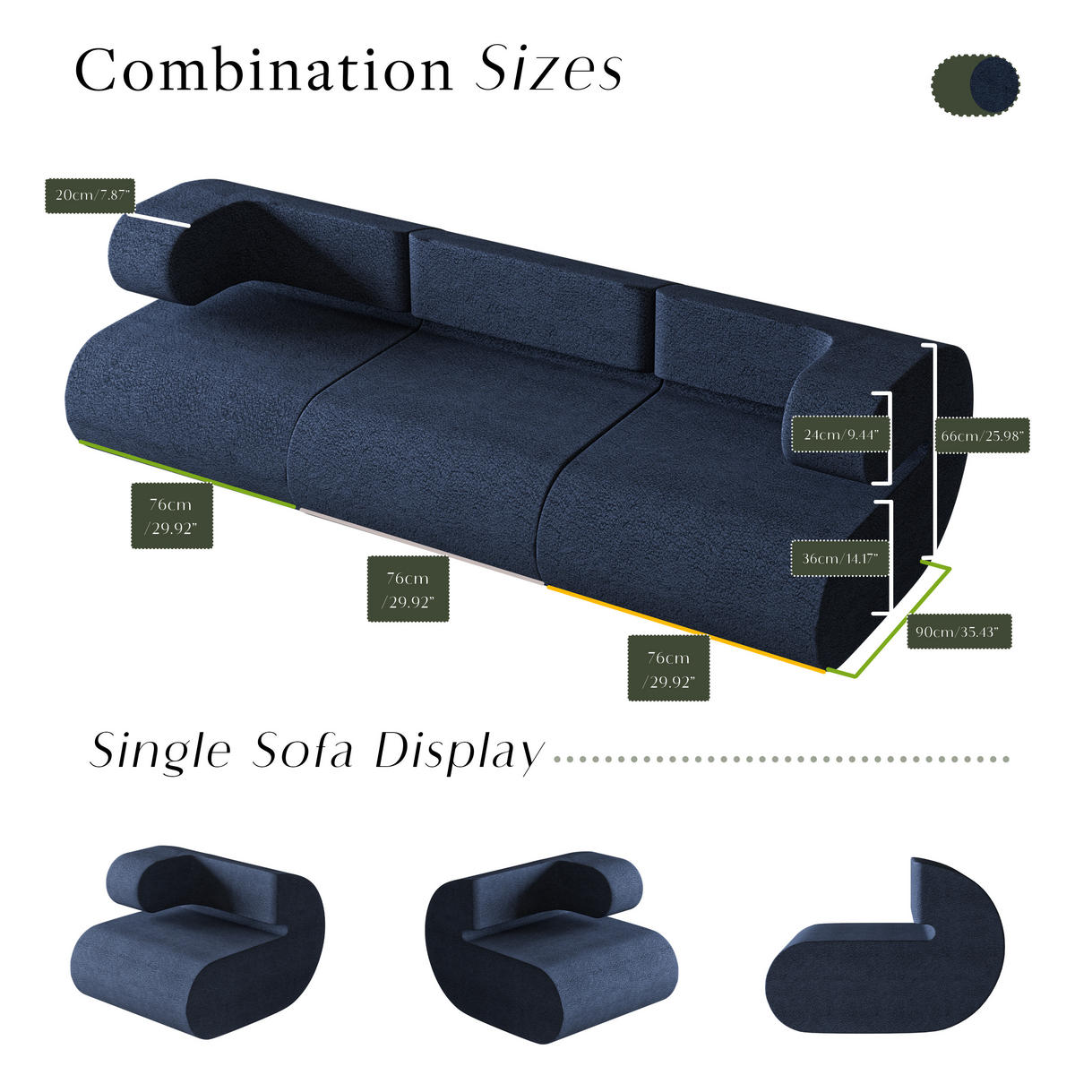 SOFA Modulares Sofa Kommaform Blau Mittlere Rückenlehne - Blau, Textil (76/66/90cm) - Vercart