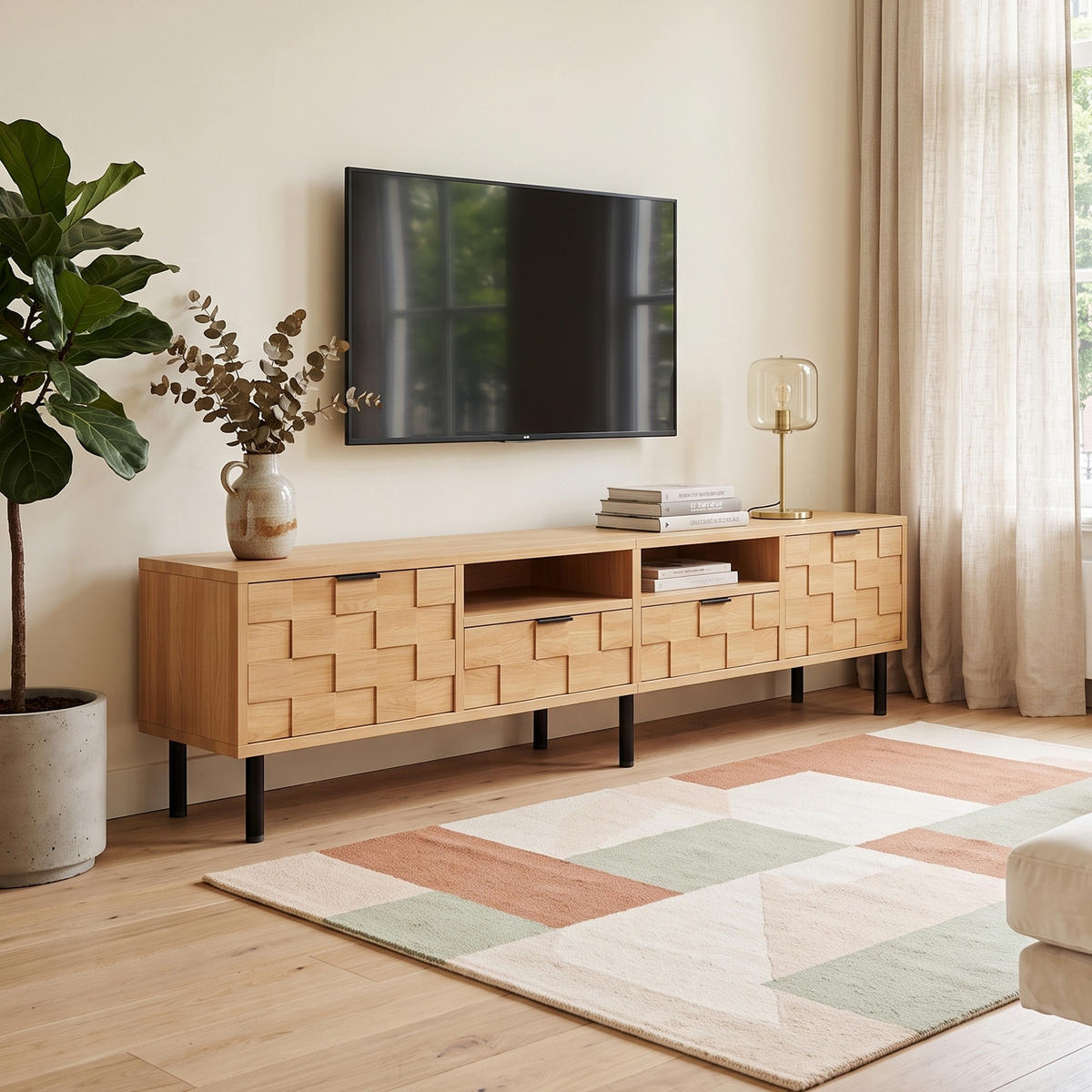 NÍZKÁ SKŘÍŇKA (LOWBOARD) dekor přírodního dřeva 200 cm pro 80palcovou TV, 3D dekor, 2 dvířka a 2 zásuvky - přírodní, kompozitní dřevo (200/44.5/35cm) - Urban Meuble