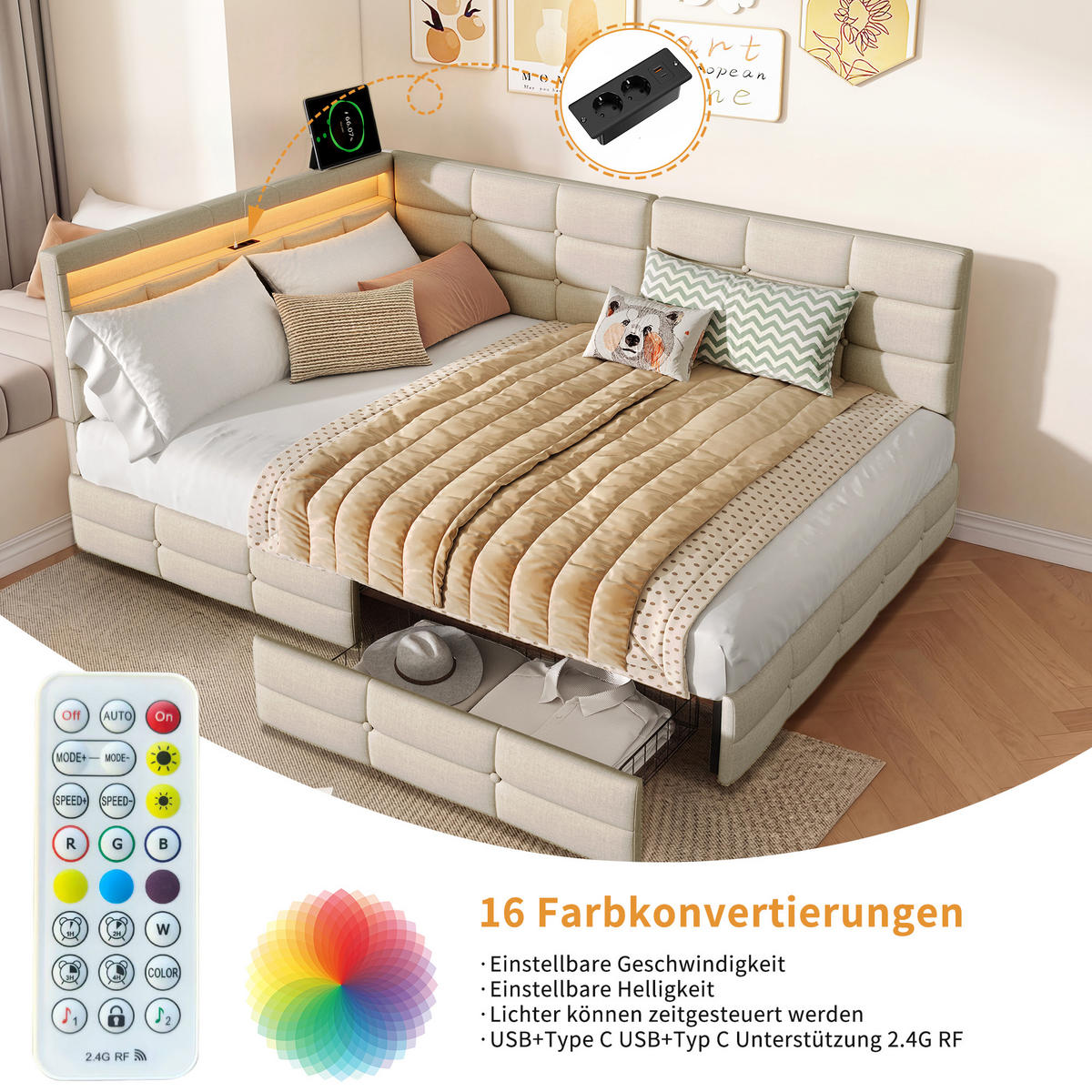 BETT 140x200 cm mit L-förmigem Kopfteil, 2 Schubladen, USB-Ladeanschluss, LED-Licht, Leinenstoff, Beige - Beige, Holz (140/200cm) - BRILVERDE
