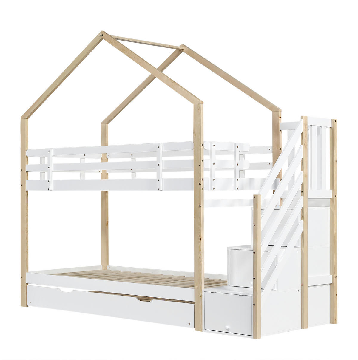 ETAGENBETT 90/200 & 90/190 cm mit Ausziehbett, Treppe mit 4 Schubladen und Absturzsicherung, Natur/Weiß - Weiß, Holz (90/200cm) - Redom