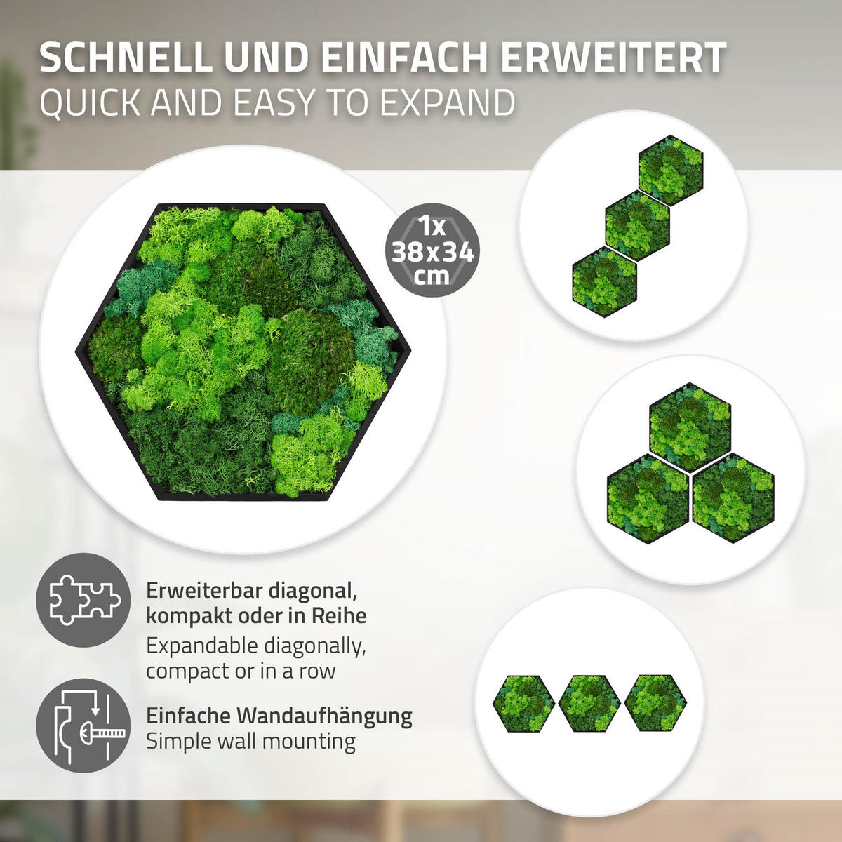 MOOSBILD Hexagon 38x34 cm Mooswand Indoor mit echtem echtem Kugelmoos-Islandmoos-Flachmoos-Mix und Holzrahmen Grün - Waldgrün, Naturmaterialien (38/34/3.4cm) - ECD-Germany