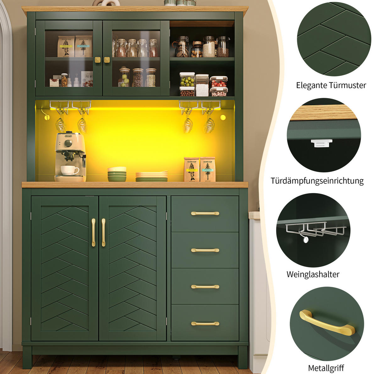BUFFETSCHRANK 105,5/40/180 cm mit LED-Lichtleiste, App-Steuerung und großem Stauraum, Grün - Grün, Holzwerkstoff (105.5/180/40cm) - Redom