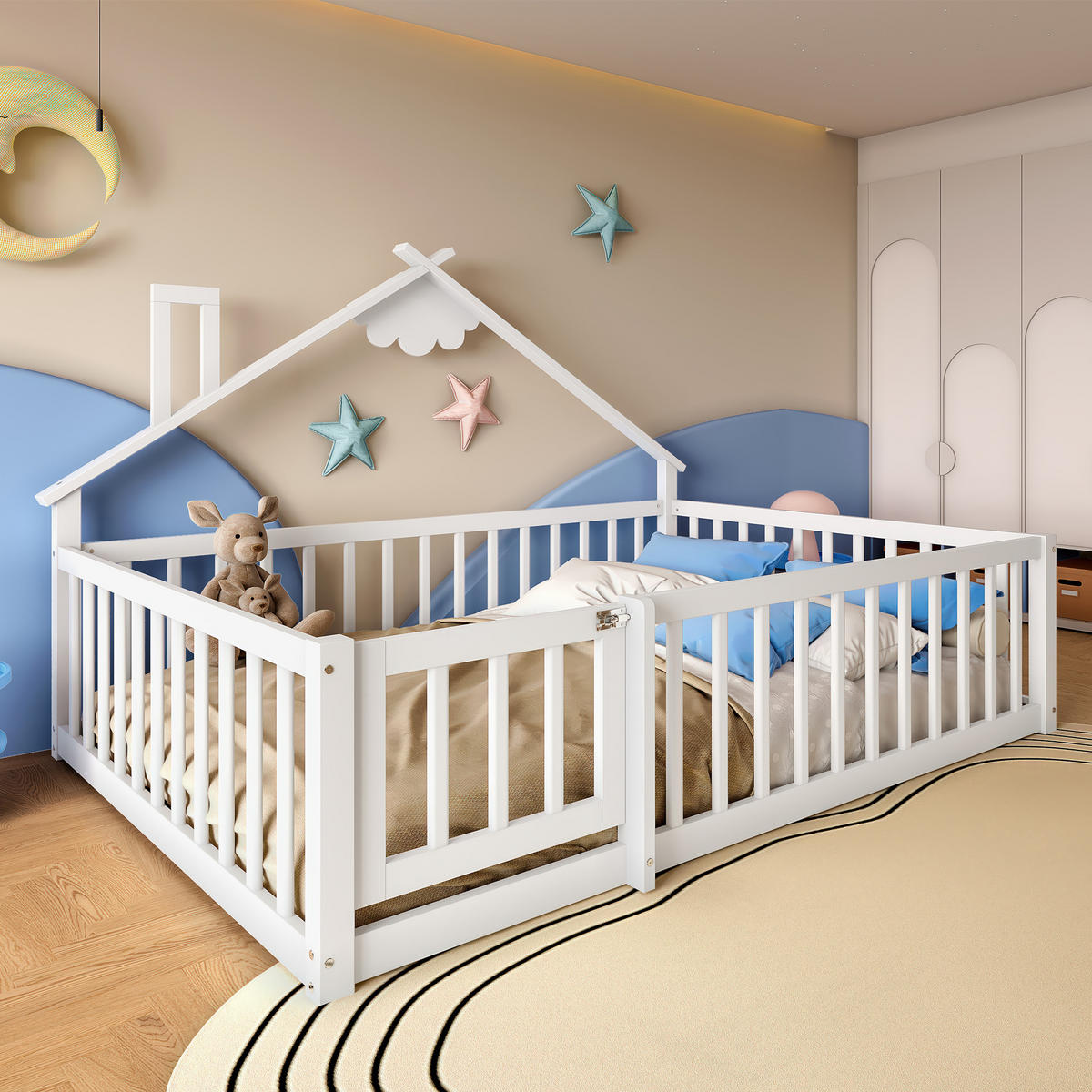 FLACHBETT 140/190 cm Kinderbett mit Geländer aus Kiefernholz in Weiß - Weiß, Holz (140/190cm) - OKWISH