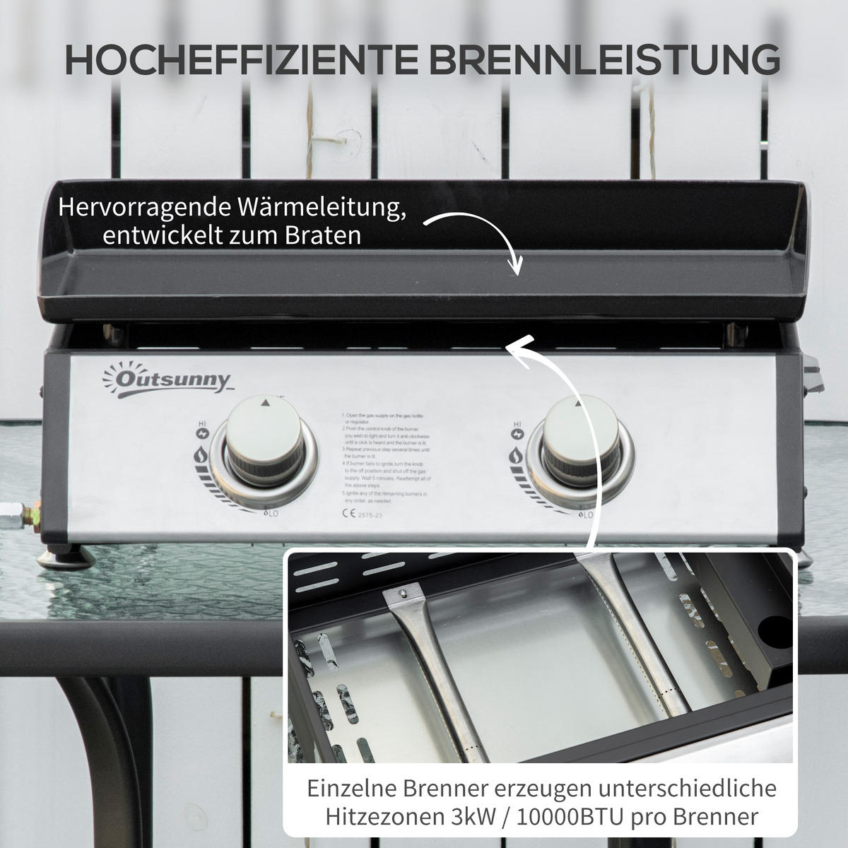 GASGRILL BBQ mit 2 Brennern, Edelstahl+Metall, Silber, 48,5 x 46 x 21 cm - Silberfarben, Metall (46/21/48.5cm) - Outsunny