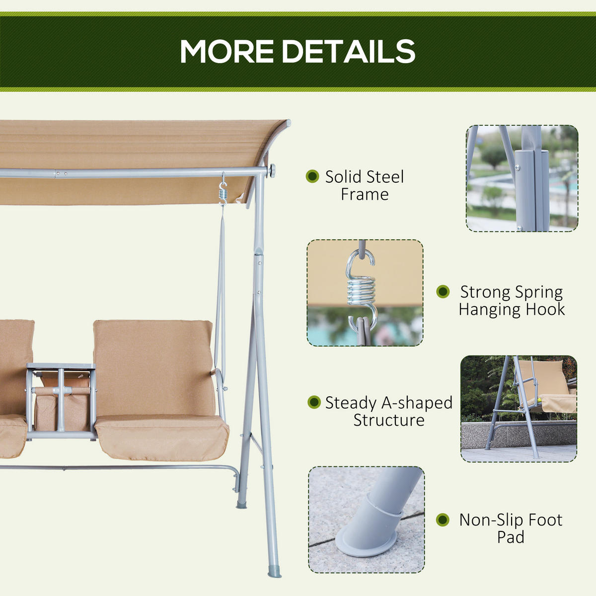 HOLLYWOODSCHAUKEL, 2-Sitzer mit Sonnendach, Beige, 175 x 112 x 165 cm - Beige, Metall (112/165/175cm) - Outsunny
