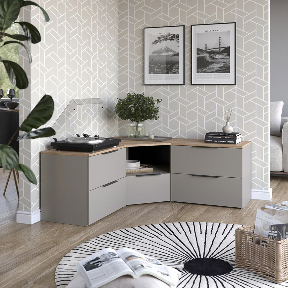 WOHNWAND Wido Greige 3 Teile - Greige/Sonoma Eiche, Holzwerkstoff (68/50/68cm) - Vicco