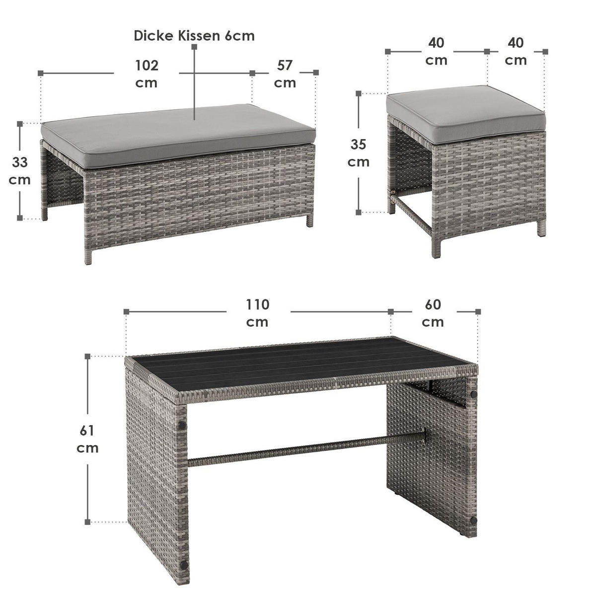 GARTENMÖBELSET Jamaika grau (4-tlg.) - Grau, Kunststoff/Metall - Juskys