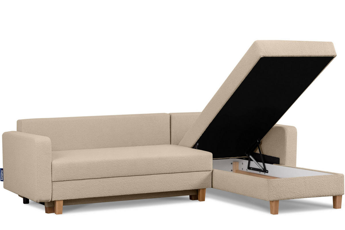 ECKSCHLAFSOFA ERISO 3/4 Sitzer und Universalecke mit Ottoman, Bouclé-Stoff, hellbeige - Beige/Creme, Textil (240/183cm) - KONSIMO®