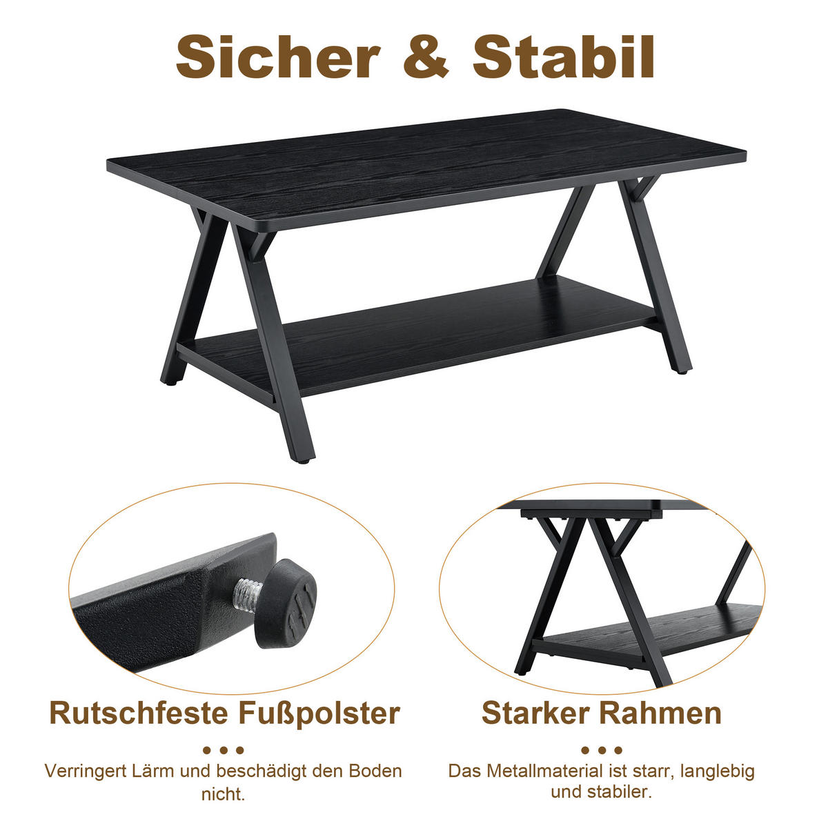 COUCHTISCH 110/57/44,5 cm schwarz aus MDF mit Ablage und Metallgestell - Schwarz, Holzwerkstoff (110/57/44.5cm) - OKWISH