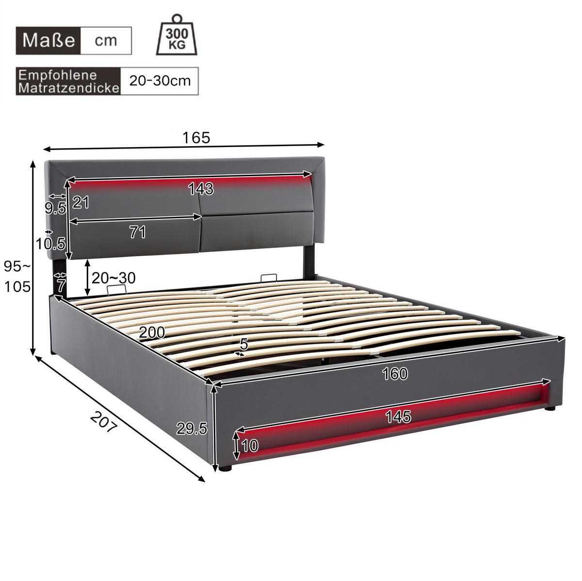 POLSTERBETT 160/200 cm Grau mit USB-Anschluss und LED-Beleuchtung - Grau, Kunststoff (160/200cm) - OKWISH