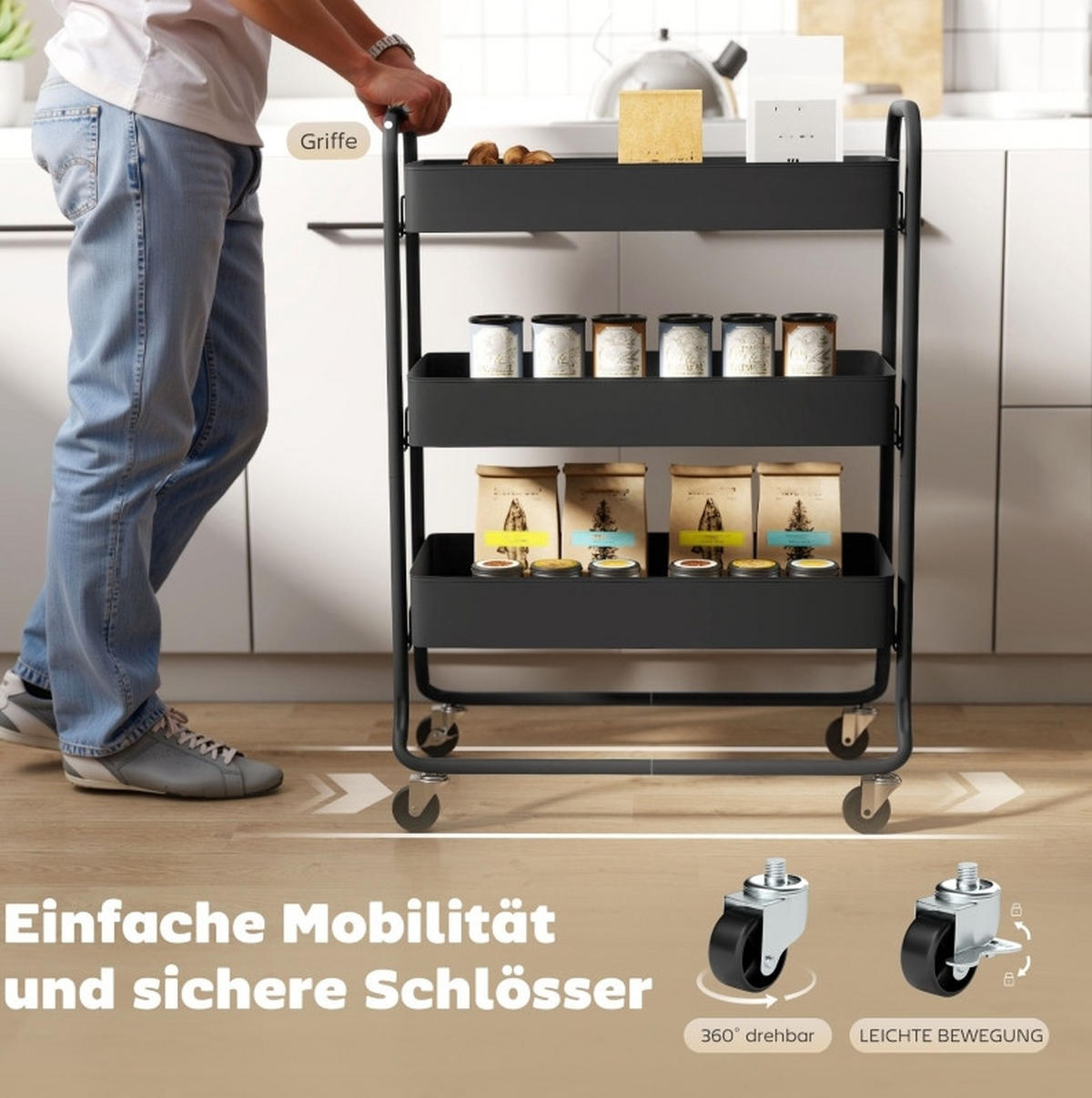 KÜCHENWAGEN mit 3 Körben 64,5 x 34 x 87 cm Schwarz - Schwarz, Metall (34/87/64.5cm) - Beauniv