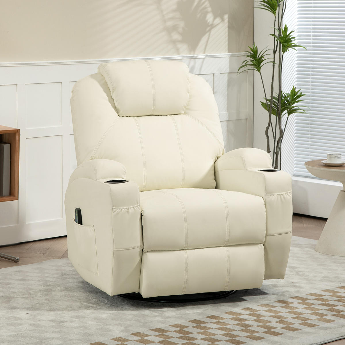 RELAXSESSEL mit Massagefunktion, Elektrisch Fernsehsessel mit Liegefunktion - Creme/Schwarz, Leder/Kunststoff (99/106/89cm) - HOMCOM