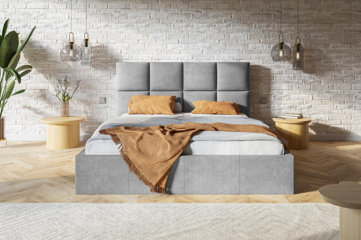 BETT 160x200 - Polsterbett mit Bettkasten und Holzrahmen - Modern Betten - Glatter Kronos-Stoff - Kollektion Roma, grau - Grau, Holz/Textil (160/200cm) - Alpi-Möbel