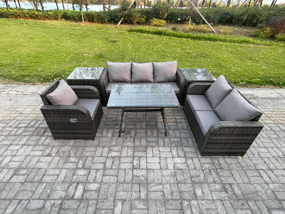 GARTENMÖBEL SET Polyrattan Dunkelgrau 6-Sitzer - Dunkelgrau/Grau, Glas/Kunststoff - Fimous