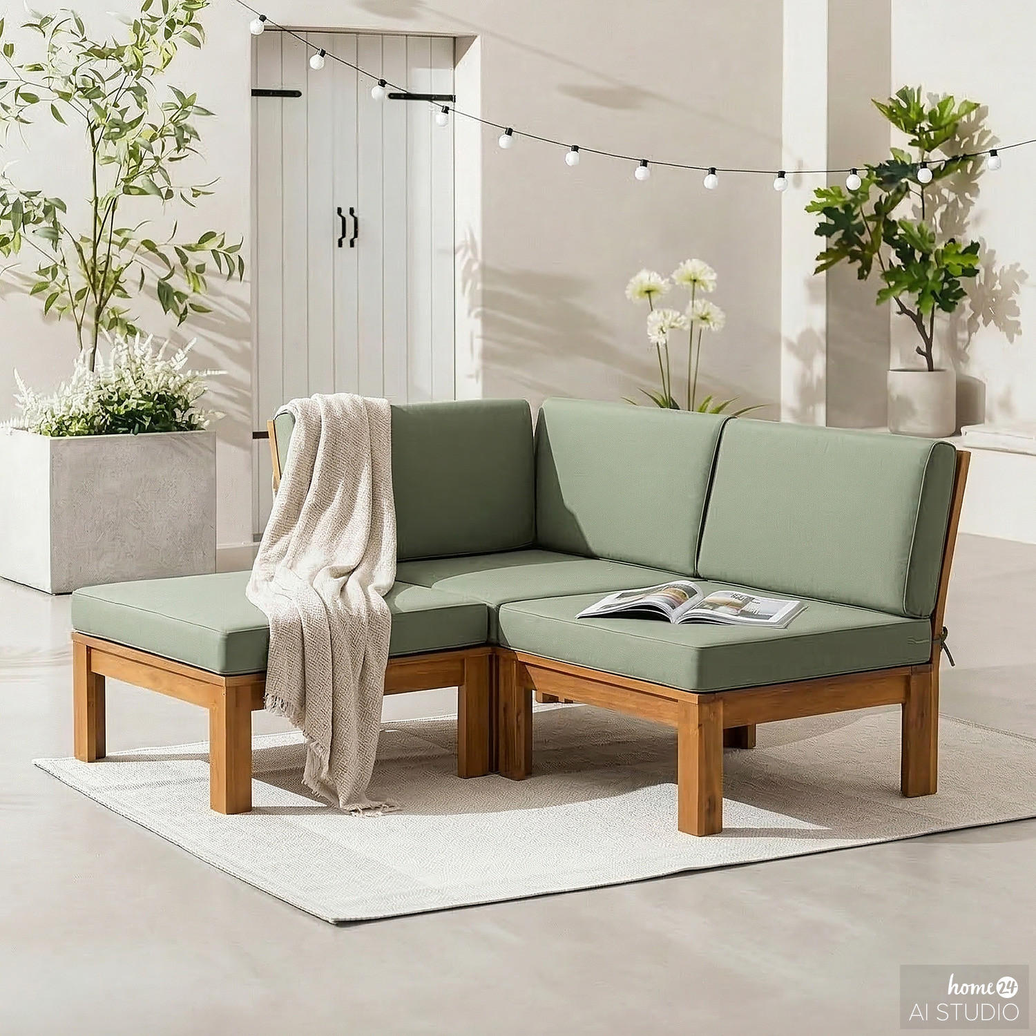 LOUNGEECKE - Webstoff / Akazie massiv - Olivgrün, Holz/Textil (71/73/71cm) - home24