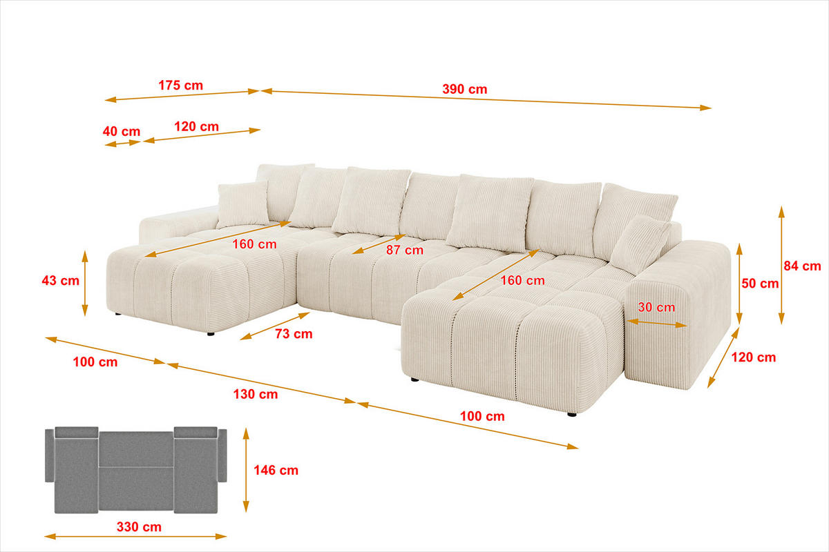 ECKSOFA Ottomane links/rechts ENIL-L 290x175x84 Beige Cord - Beige, Holzwerkstoff/Kunststoff (290/175cm) - ALTDECOR