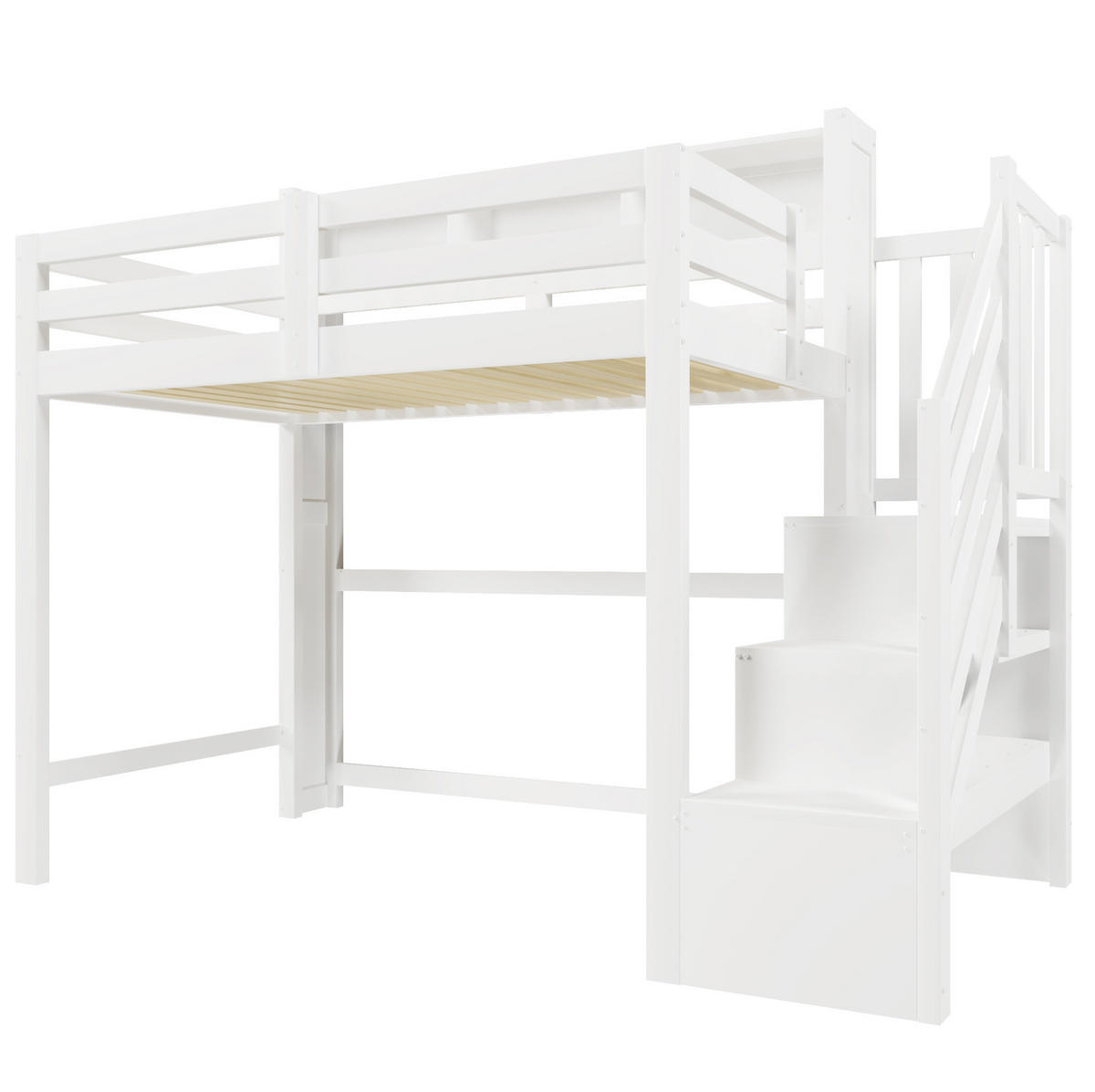 HOCHBETT 90/200 cm mit LED-Beleuchtung, Stauraumtreppe und offenem Staufach, Weiß - Weiß, Holz (90/200cm) - Redom