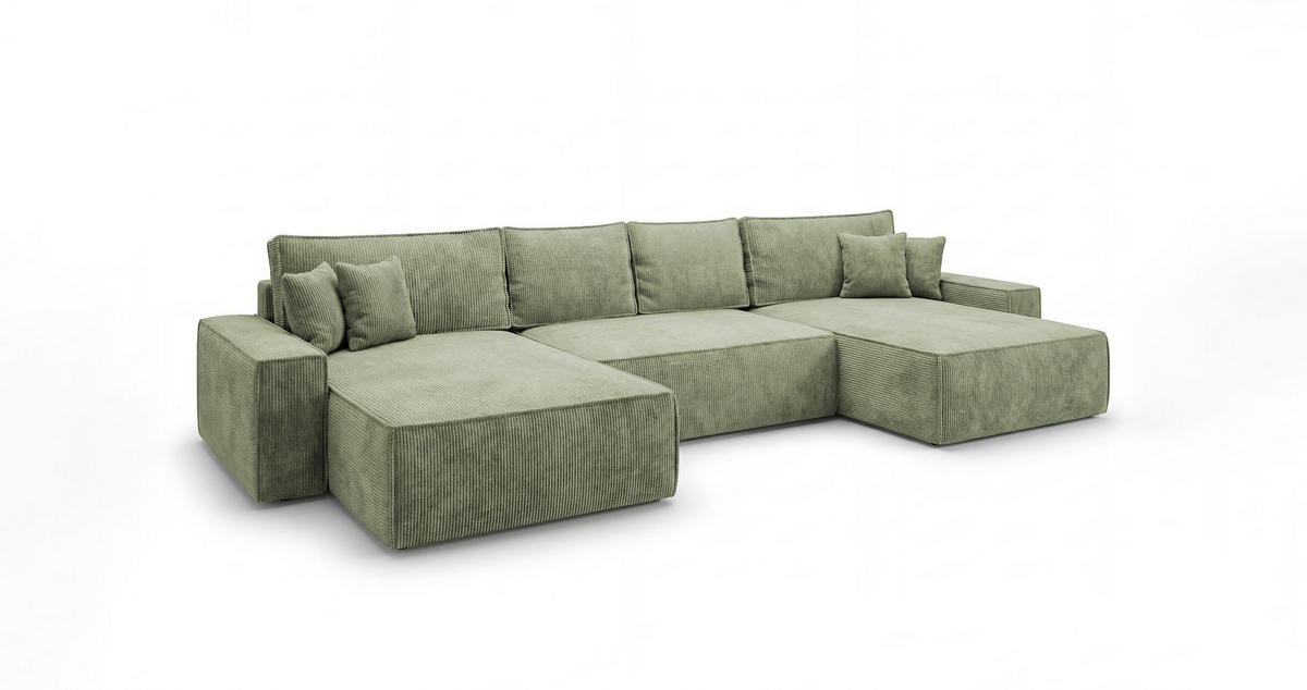 ECKSOFA CALIFORNIA U-Form hellgrün Cord POSO 47 - Schlaffunktion, Bettkasten - Hellgrün, Textil (385/185cm) - Cornero