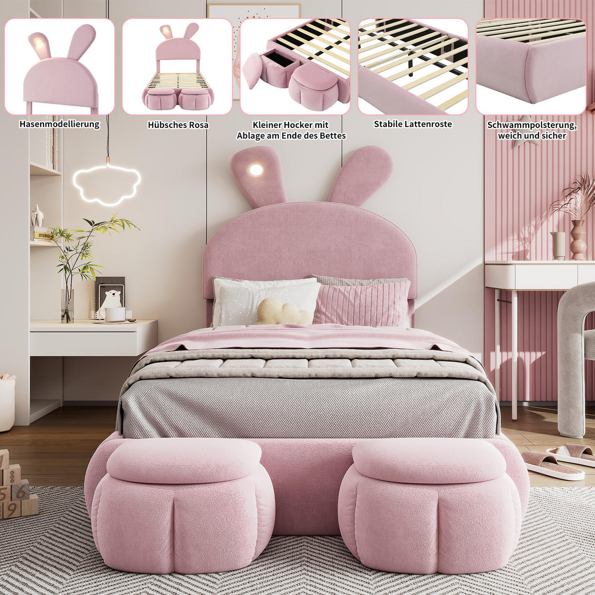 POLSTERBETT 90/200 cm Rosa Hasenohren mit LED-Beleuchtung und Aufbewahrungshockern - Rosa, Textil (90/200cm) - OKWISH
