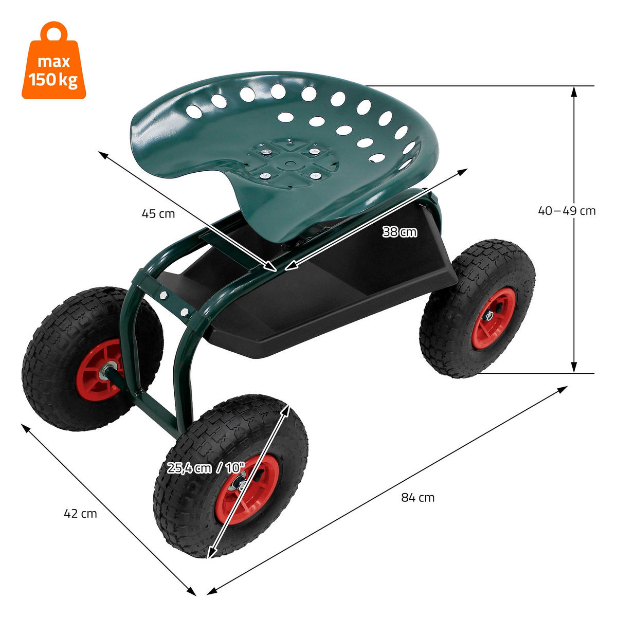 GARTENROLLSITZ Grün aus Stahl 360° drehbar/höhenverstellbar bis 150 kg - Grün, Metall (42/49/84cm) - ECD-Germany