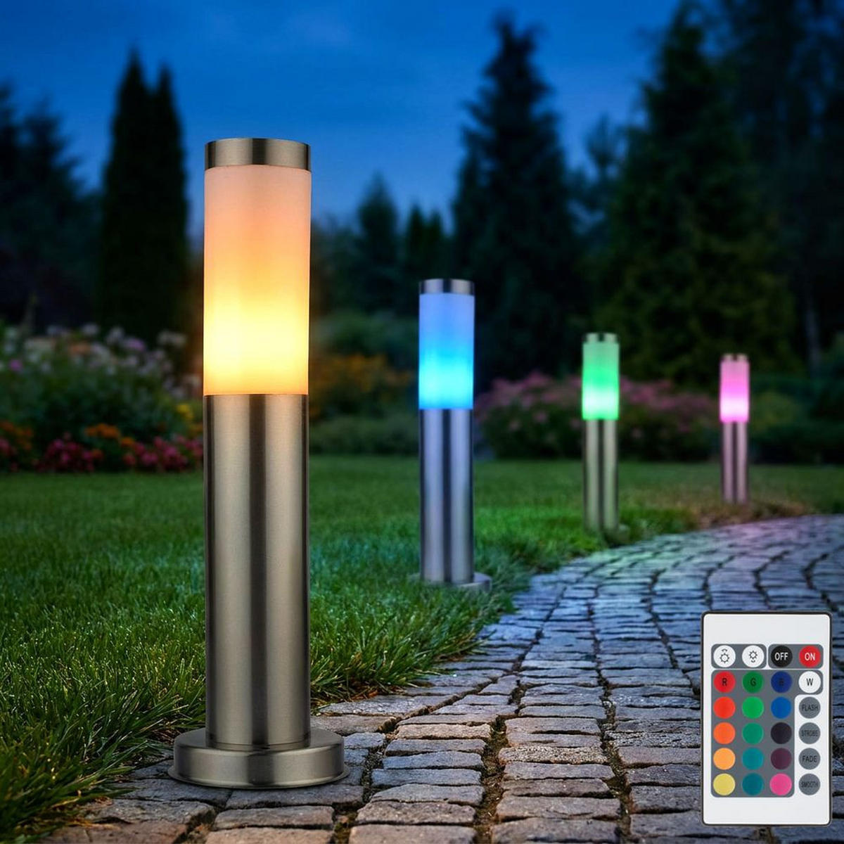 RGB LED STEHLEUCHTEN Edelstahl Silber 4er Set - Silberfarben, Metall (7.6/7.6/45cm) - Globo Lighting