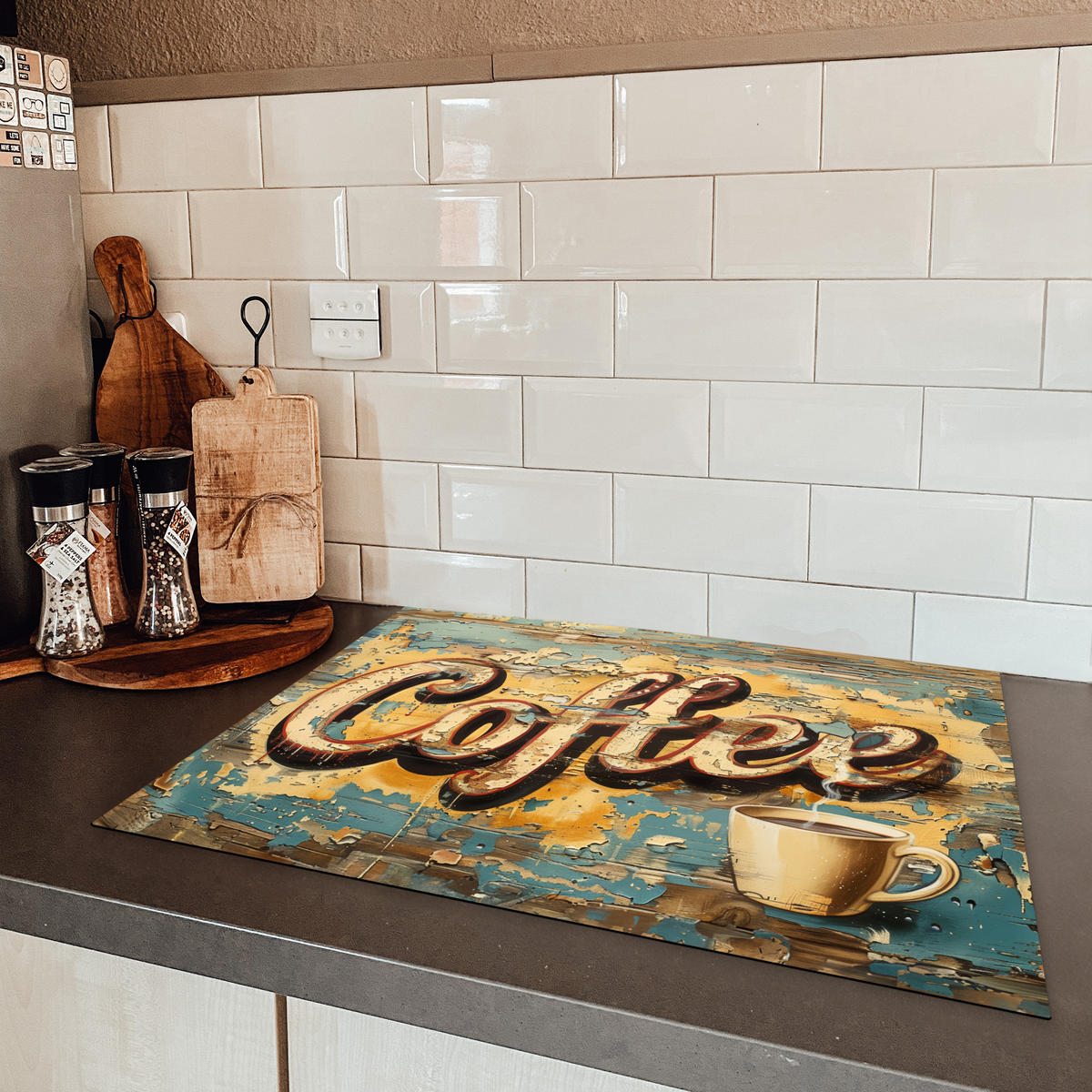 HERDABDECKPLATTE Kaffee - Vintage - Braun - Tasse Herdabdeckung Induktionsfeld 70x52 cm - Teakfarben, Kunststoff (70/52/0.2cm) - MuchoWow