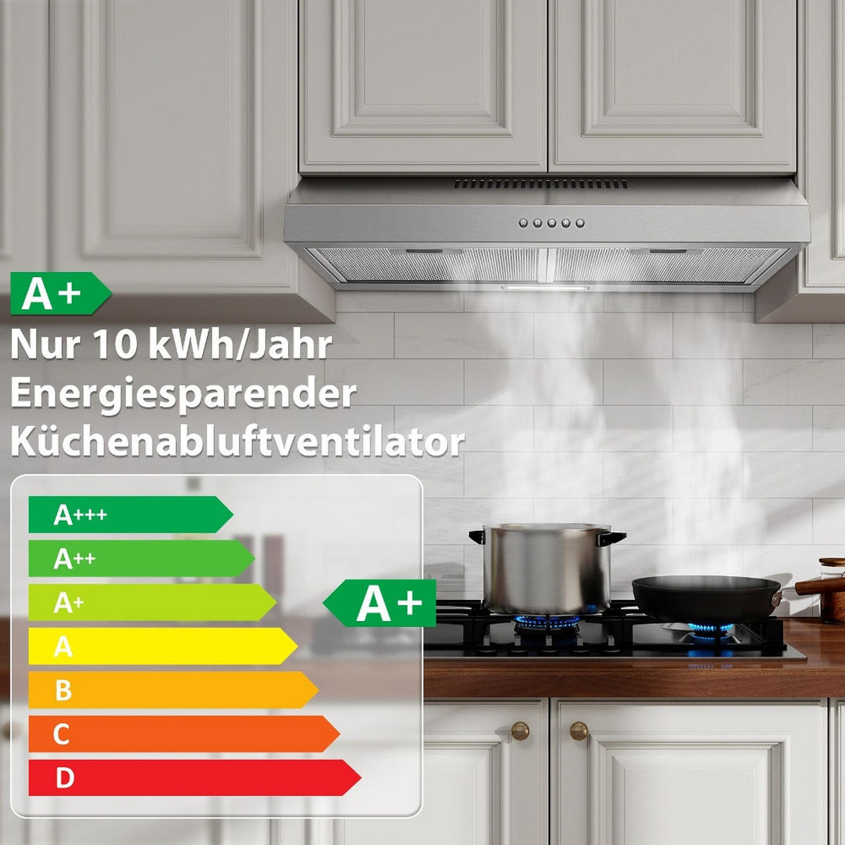 DUNSTABZUGSHAUBE -UNTERBAU-ENERGIEEFFIZIENZKLASSE A+, Edelstahl, 3 Stufen, LED-BELEUCHTUNG, für Küchen, 60/15/50 cm - Silberfarben, Metall (14.02/49/64cm) - Rolipo