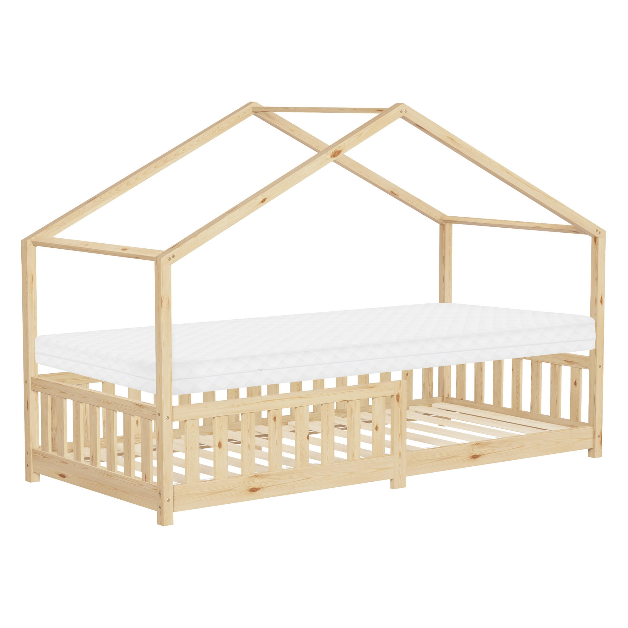 HAUSBETT mit Matratze 90x200 cm H:10cm Natur aus Kiefernholz mit Rausfallschutz - Beige, Holz (90/200cm) - ML-DESIGN