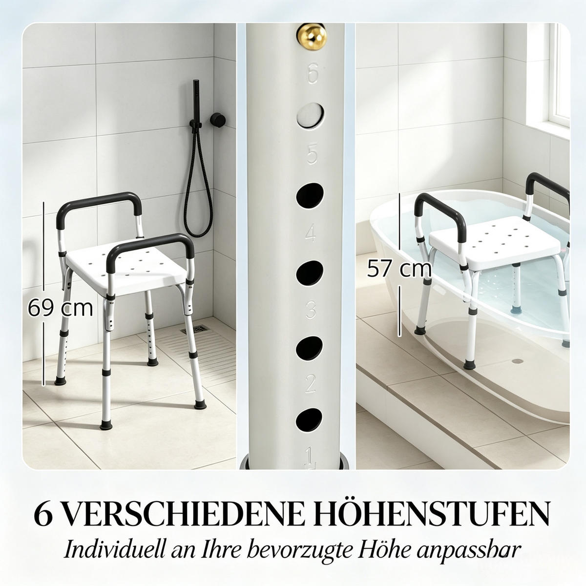 DUSCHSTUHL 6-fach höhenverstellbar, DE-42181, Silber/Weiß - Weiß, Kunststoff/Metall (45/69/52cm) - ComfortXL