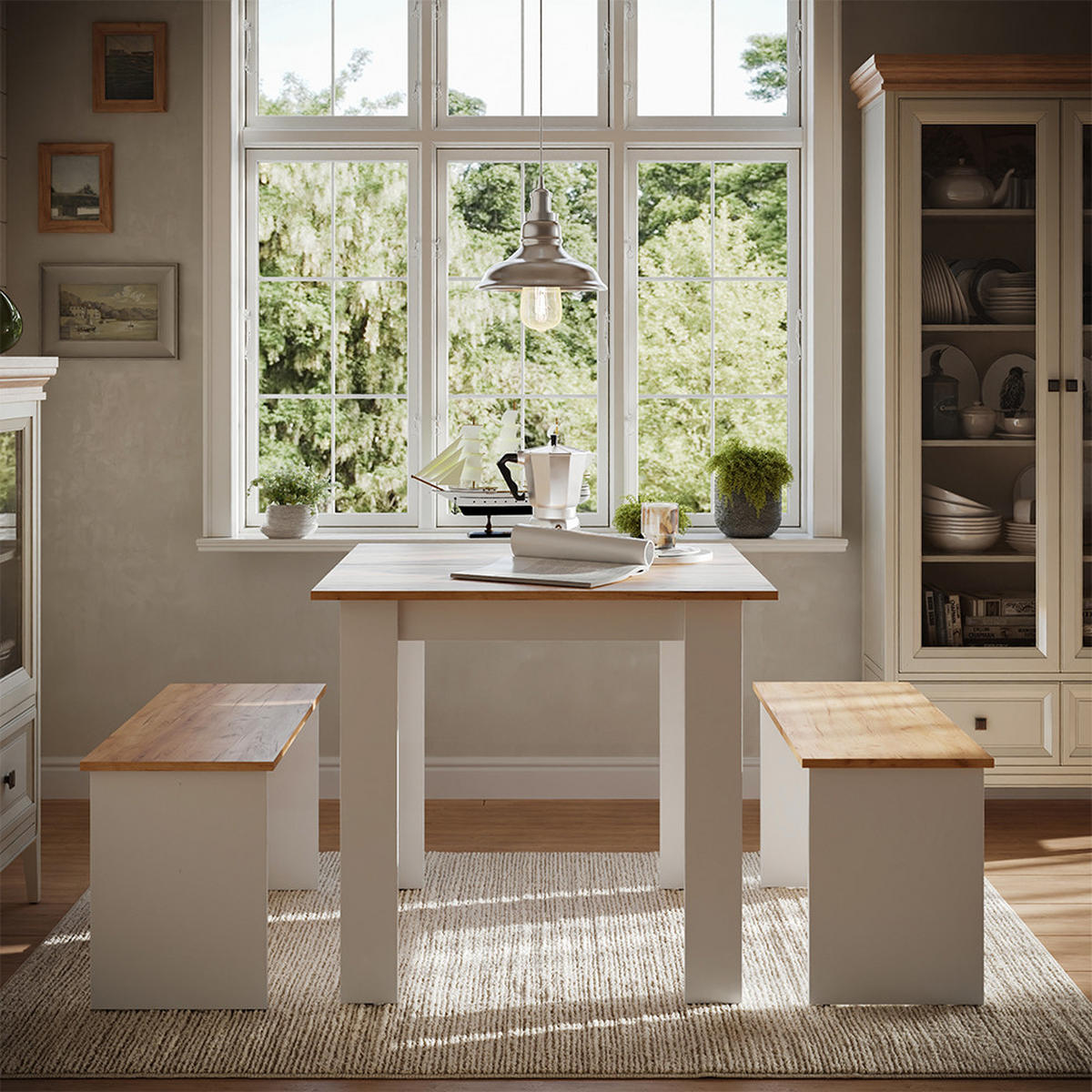 ESSTISCH SET Sentio Weiß/Goldkraft Eiche 80 x 80 cm mit 2 Bänken - Honigeiche/Weiß, Holzwerkstoff (80/73/80cm) - Vicco