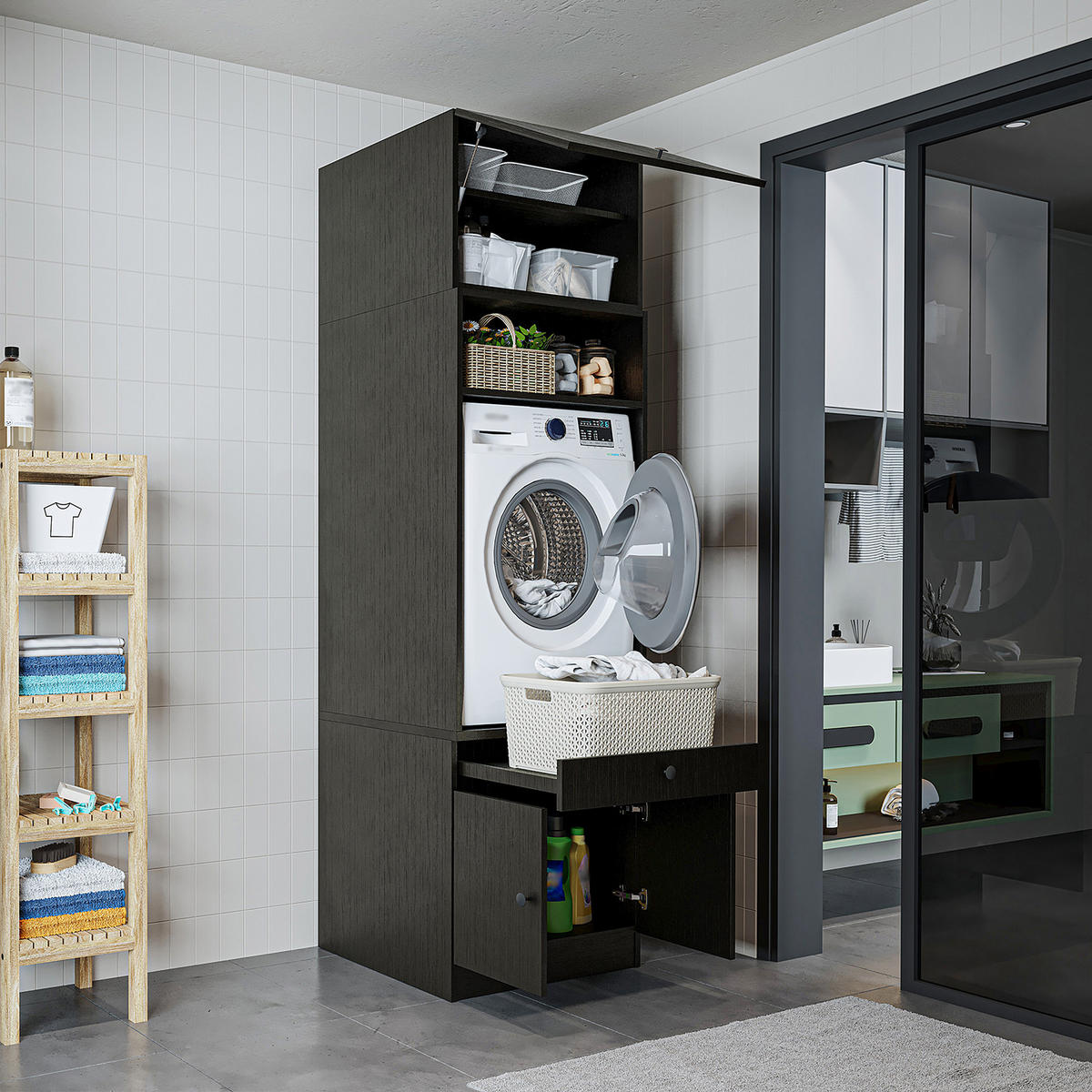 WASCHMASCHINENSCHRANK Serie 1 65cm Breit, 230cm Hoch - Schwarz, Holzwerkstoff (65/230/67cm)