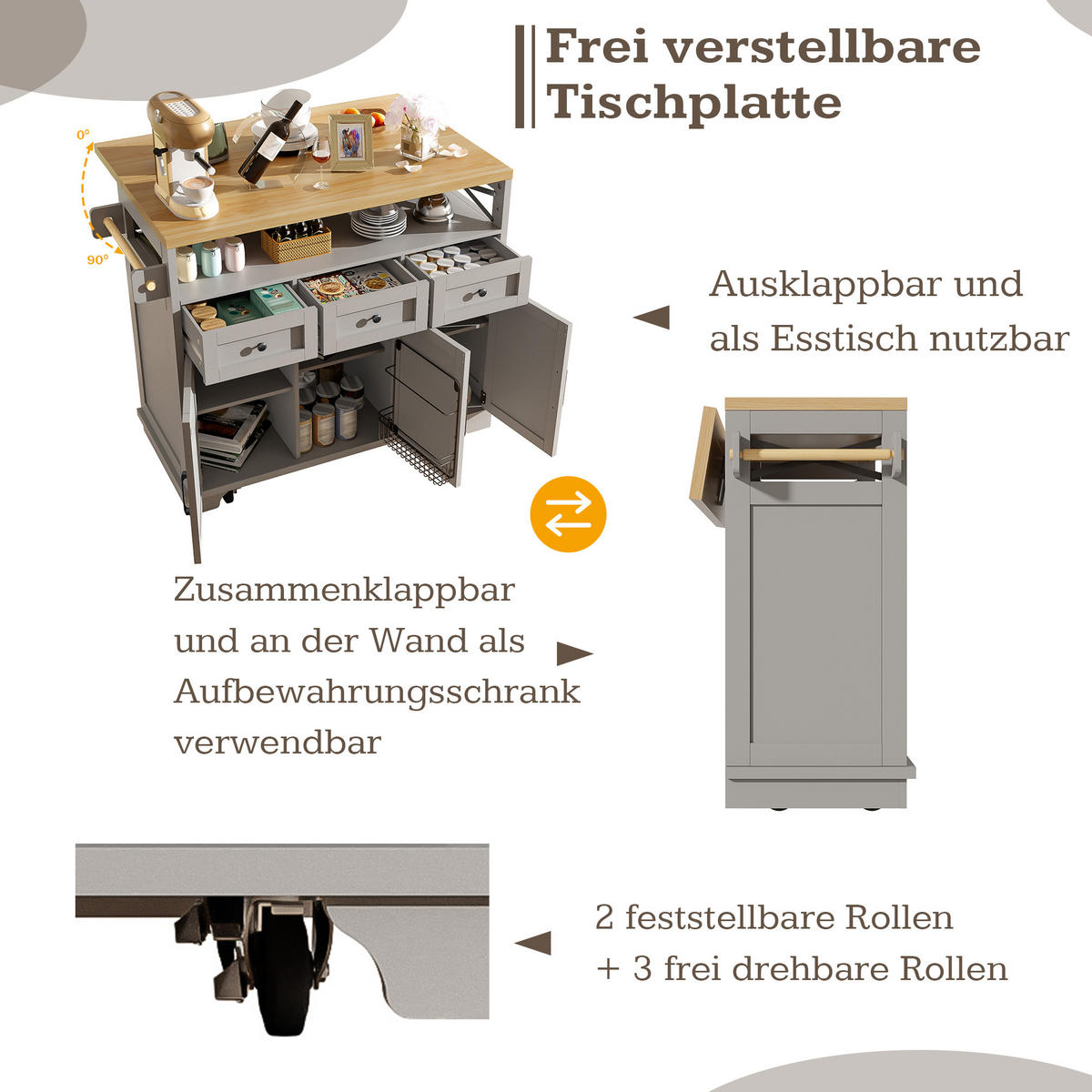 KÜCHENINSEL 118cm Küchenwagen Stauraum Rollen Grau - Grau, Metall (118/98/43cm) - FLIEKS