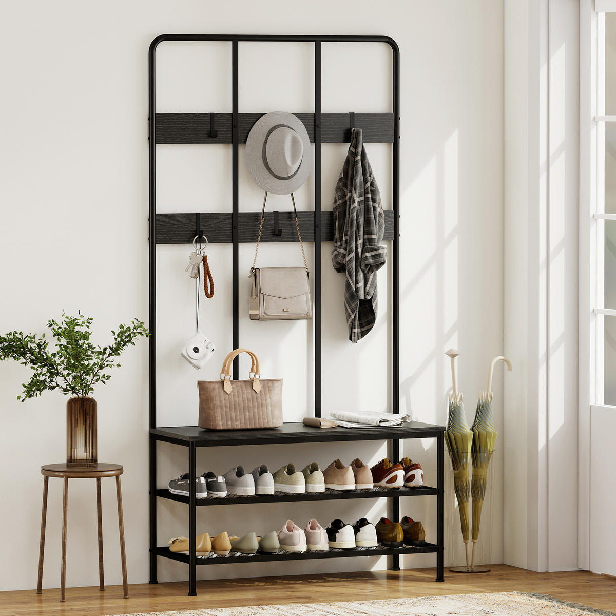 GARDEROBENSTÄNDER 3-in-1 DE-09781 mit Sitzbank und Schuhregal Schwarz - Schwarz, Metall (36/180/91cm) - ComfortXL