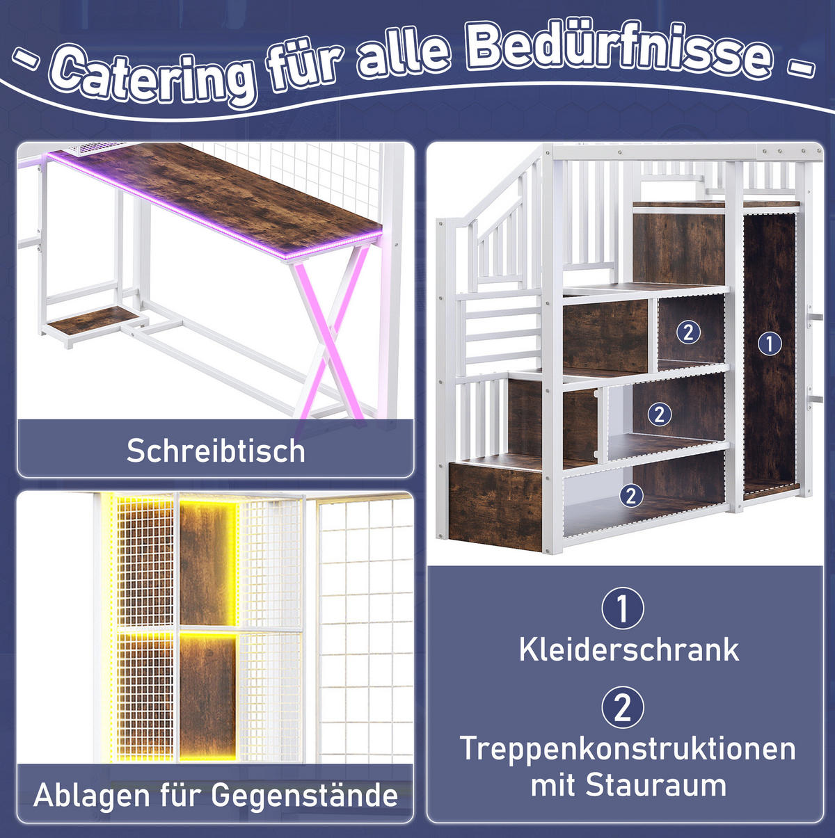 HOCHBETT 140/200 cm Weiß aus Metall/MDF mit Schreibtisch und Kleiderschrank - Weiß, Metall (140/200cm) - OKMYHOME