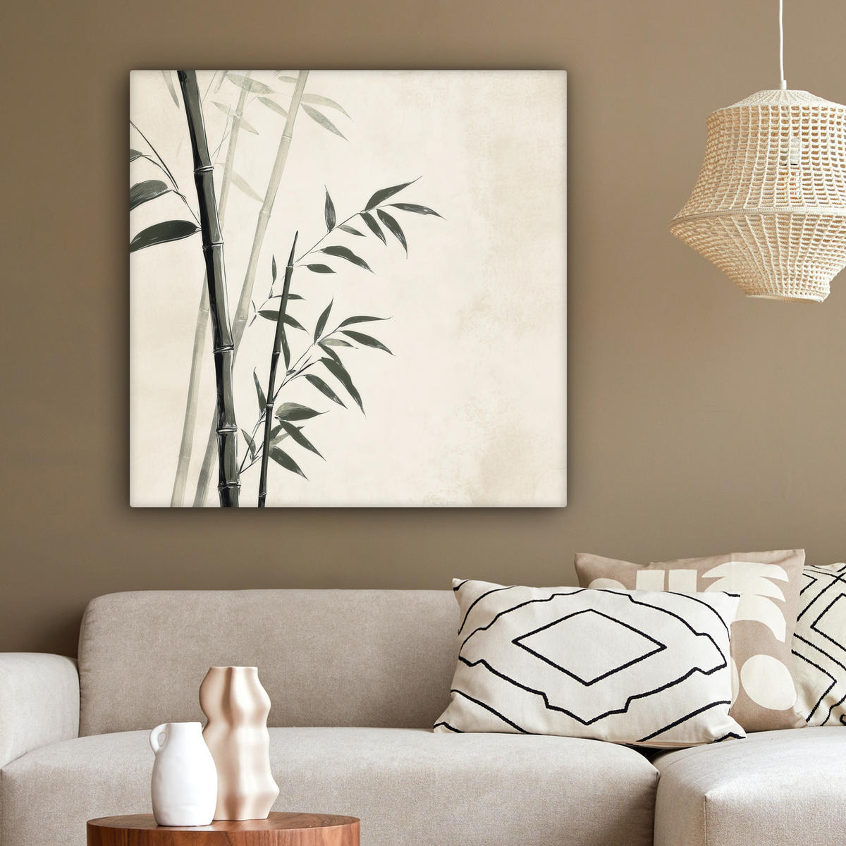 LEINWANDBILD Japandi - Bambus - Beige 90x90 cm - Eukalyptusholzfarben, Textil (90/90cm) - MuchoWow