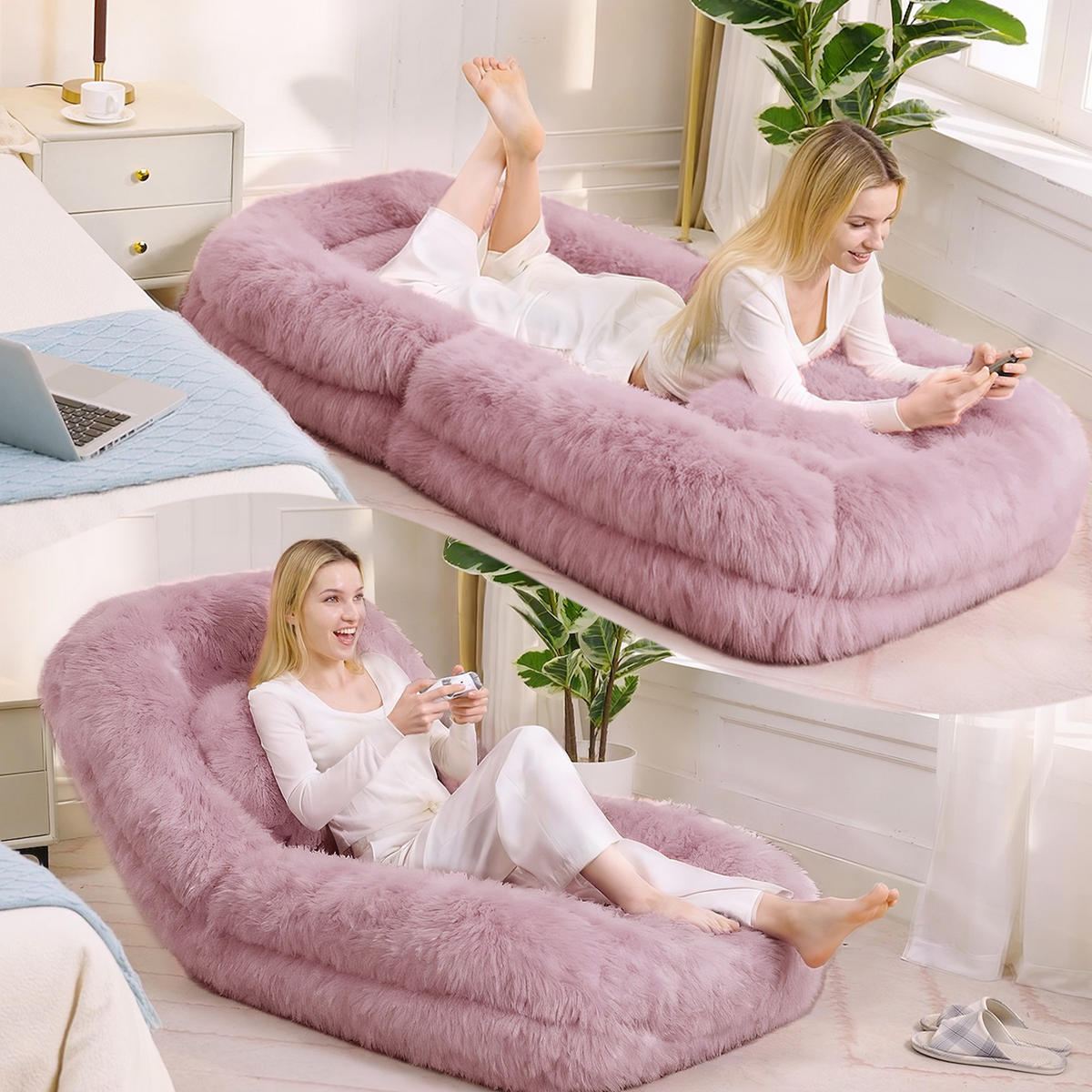 SITZSACK Plüsch Pink mit Verstellfunktion und mit Kissen - Rosa, Holzwerkstoff/Textil (89/42/175cm) - WISHDOR