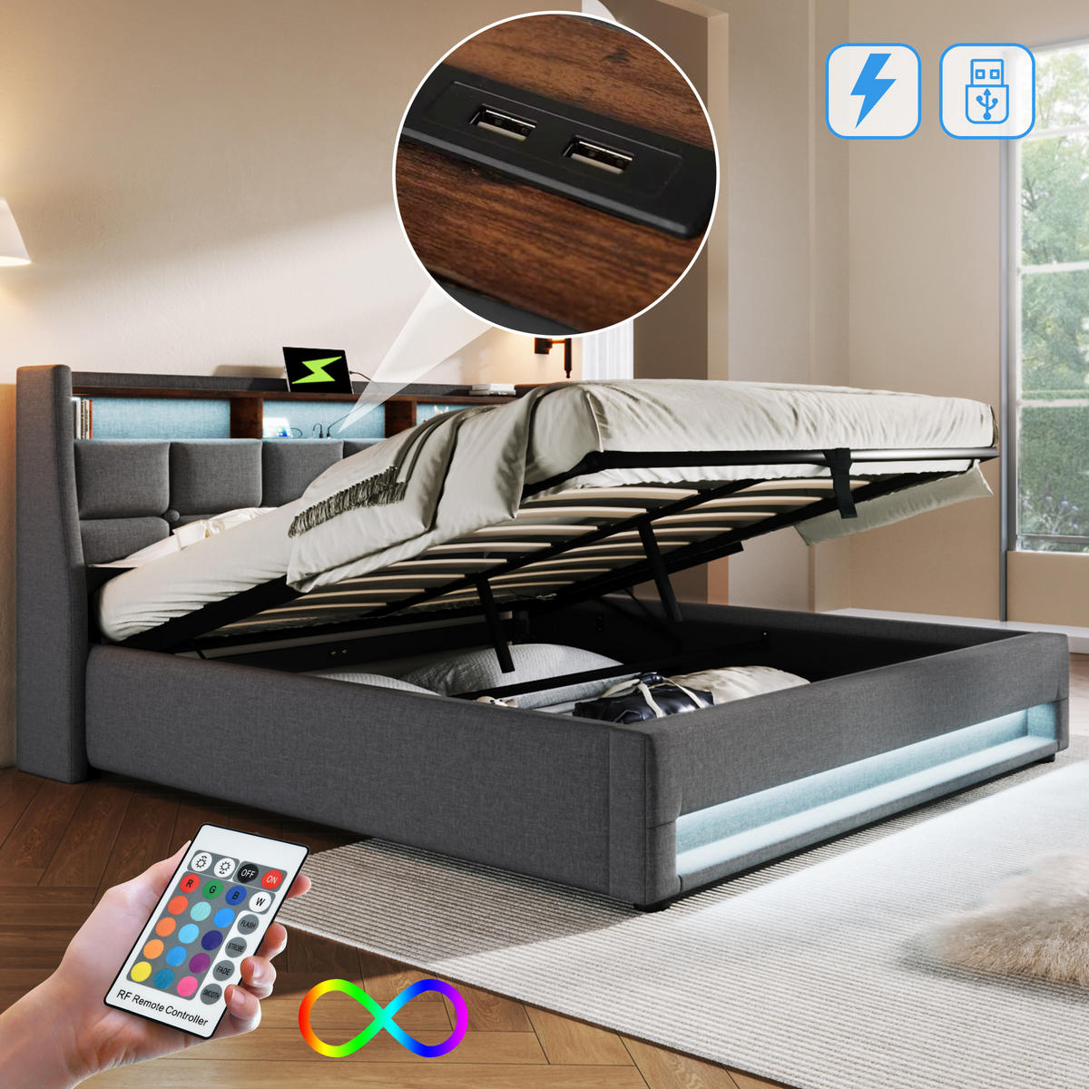 POLSTERBETT 180/200 cm grau mit USB-Anschluss und LED-Beleuchtung - Grau, Textil (180/200cm) - OKWISH