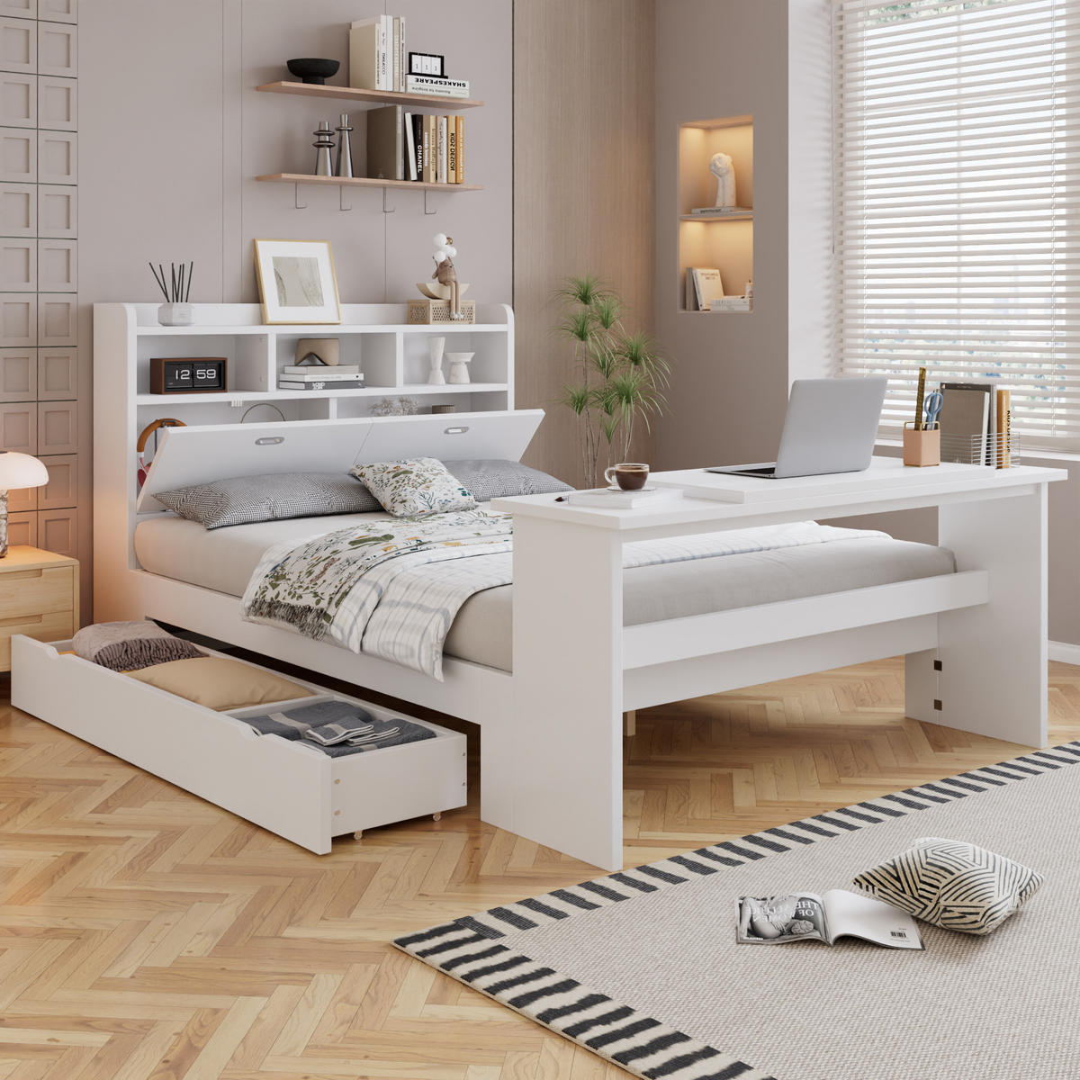 BETT 140/200 cm in Weiß mit Stauraum, Klapptisch und verstellbarer Schublade aus Holz - Weiß, Holzwerkstoff - STILVORA