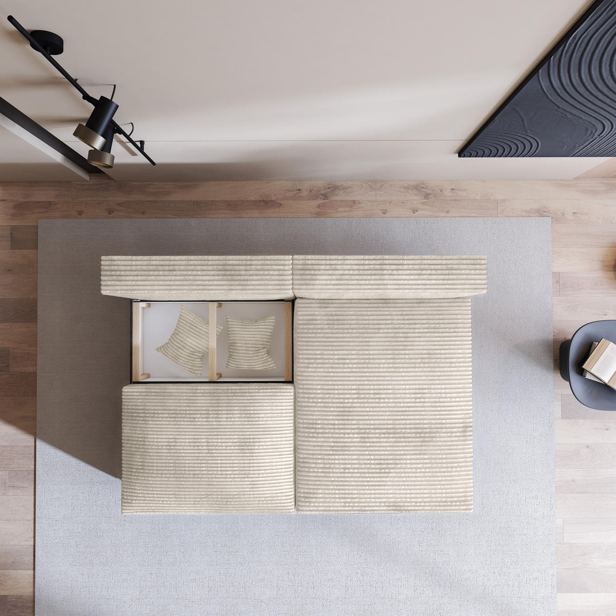 ECKSOFA FIORO Creme Kordstoff mit Schlaffunktion - Creme, Holz (204/148cm) - MASSENO