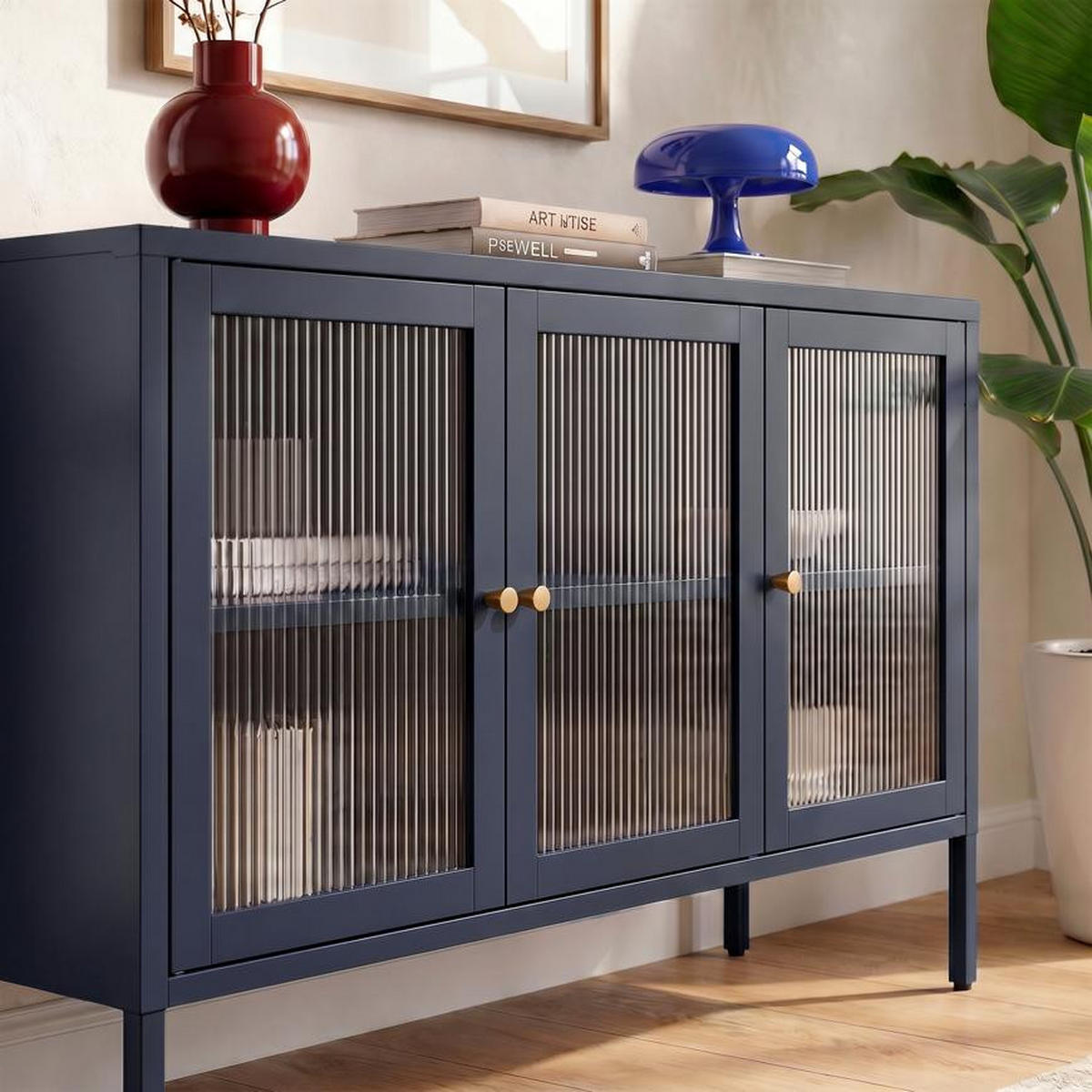 TV-LOWBOARD Industrielles aus nachtblauem Metall, 105 cm, 3 Türen aus gehärtetem Glas - CALEB - Blau, Metall (105/70/35cm) - Sicaan