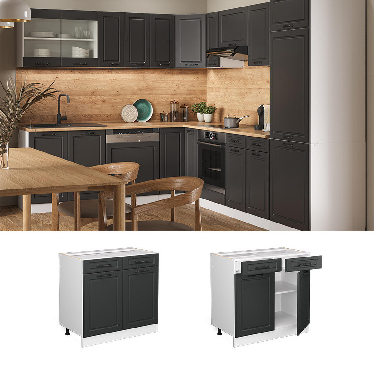 KÜCHENUNTERSCHRANK R-Line Anthrazit Landhaus 80 cm, AP Marmor - Anthrazit/Weiß, Holzwerkstoff (80/81.6/60cm) - Vicco