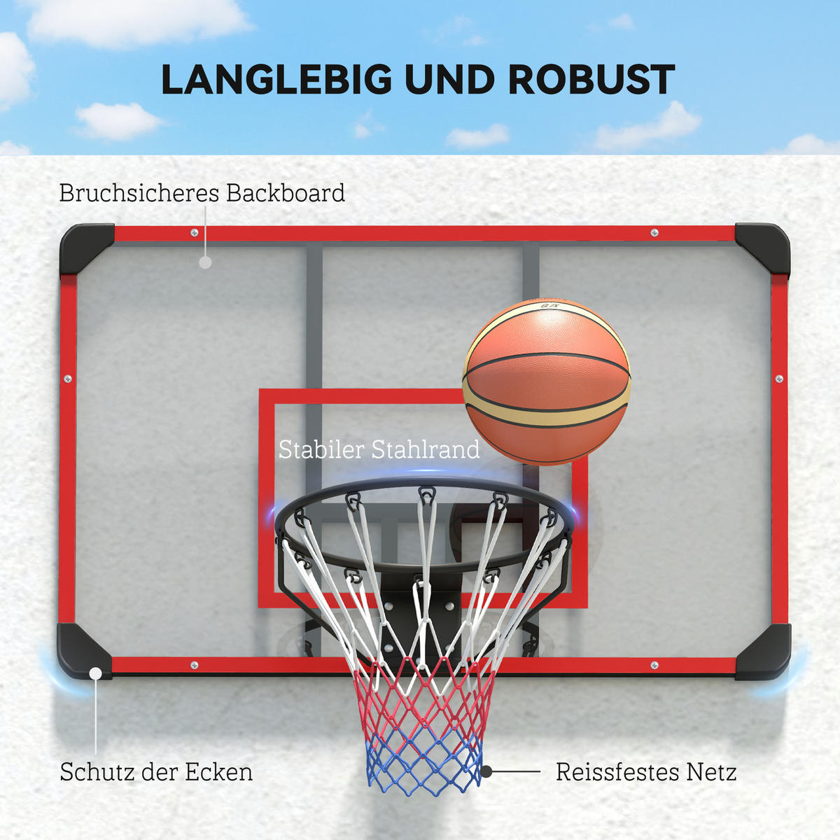 BASKETBALLKORB, Basketballbrett mit Korb, Wandmontage, für Outdoor, Stahl - Rot, Metall (61/113cm) - SPORTNOW