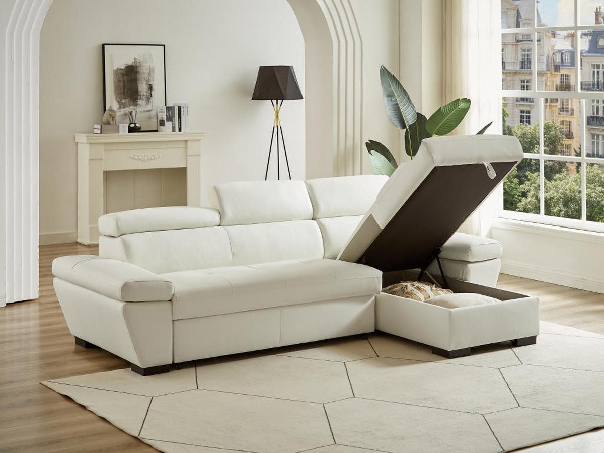 ECKSOFA Leder mit Schlaffunktion - Ecke Rechts - Weiß - JONOVA - Weiß, Leder (154/256cm) - Vente-Unique