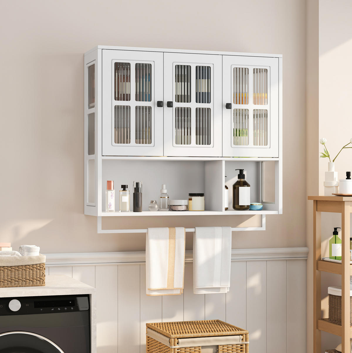 KÜCHENOBERSCHRANK 88x26x82.5 cm in Weiß aus Sicherheitsglas mit geriffeltem Glas & Handtuchstange - Weiß, Holzwerkstoff (88/82.5/26cm) - Modfu