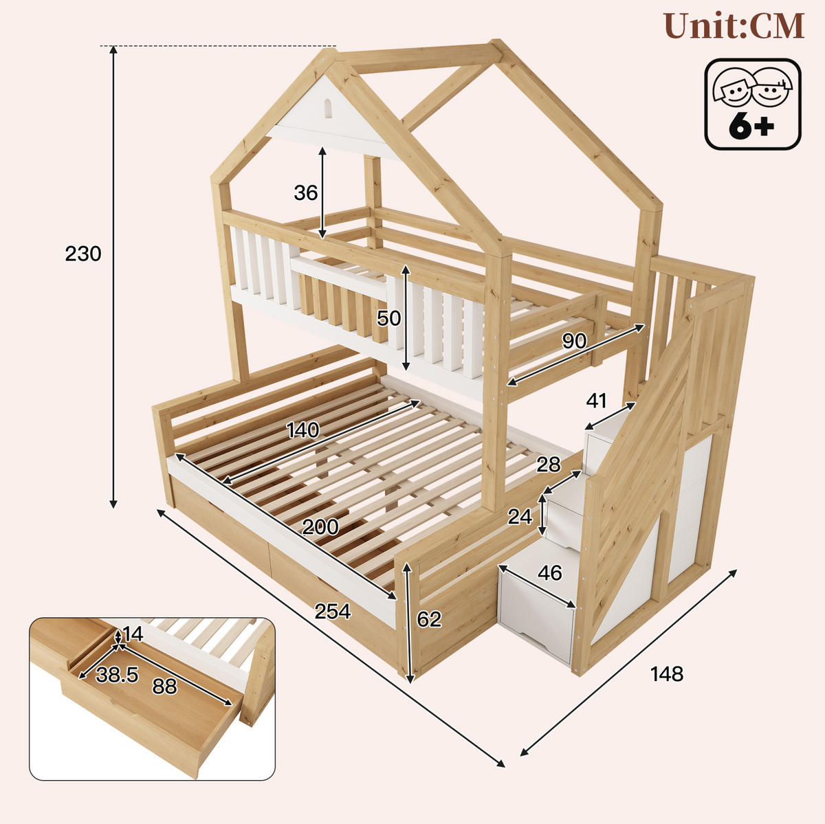 ETAGENBETT Holz 140x200 cm Weiß & Eiche mit Treppenschrank, 2 Schubladen und Giebeldach - Weiß, Holz (140/200cm) - Modfu