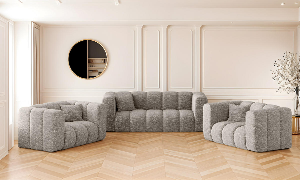 COUCHGARNITUR 2+1+1 Serie Grand Stilvol Stoff Haga Hellgrau - Hellgrau, Holz (197/70/91cm) - Kaiser Möbel